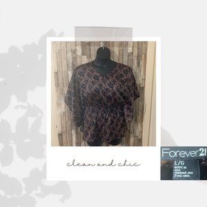 Pink Leaf Printed Polyester Shirred Waist Blouse